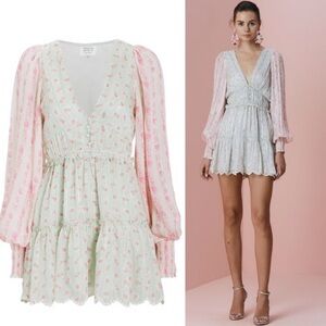 HEMANT & NANDITA Sana Floral Ruffle Long Sleeve Mini Dress In Pink Green Sz. M